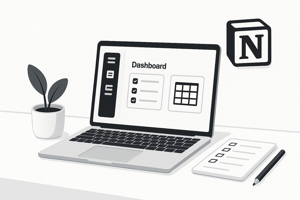 Illustration minimaliste d’un espace de travail avec Notion, affichant un dashboard de productivité sur ordinateur portable, style noir et blanc professionnel.